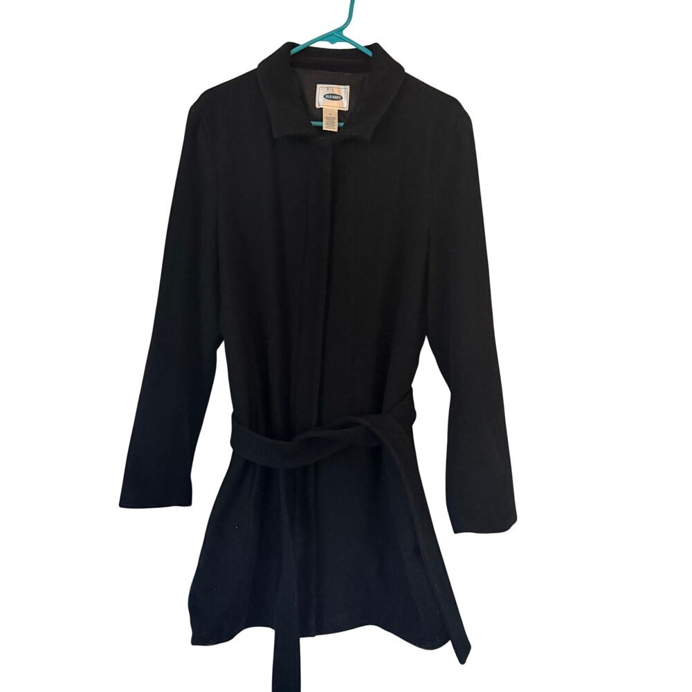 Old Navy Women's XL Black Wool Blend Zip Pea Coat Belted - Picture 2 of 9